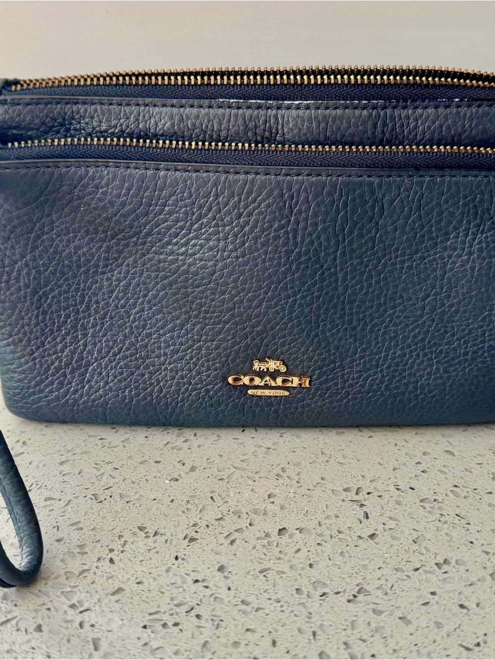 COACH Navy Pebbled Leather Zip Wristlet with Gold Hardware